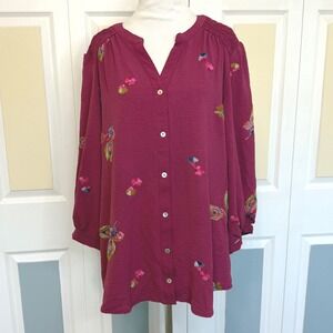 Figueroa & Flower Embroidered Peasant Tunic Top Women's Size M Berry Pink
